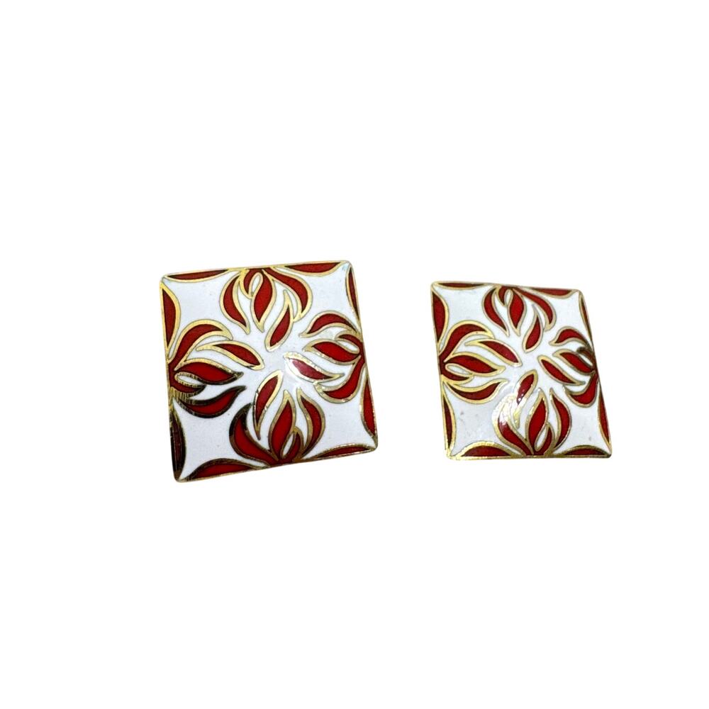 Vintage Large red gold white enamel? Design Square Shaped Stud Earrings